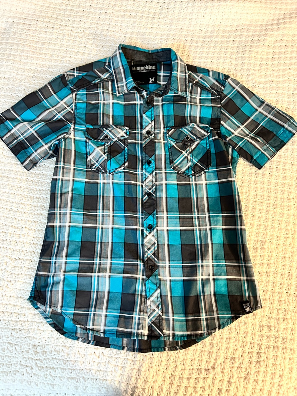 Machine Teal and Black Plaid Short-Sleeve Button-Down Shirt